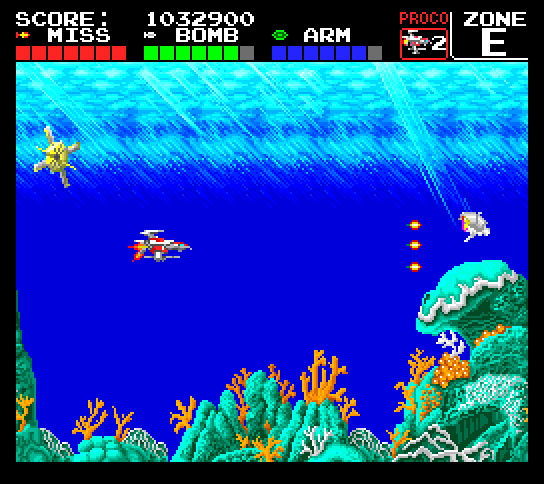 Darius+ TurboGrafx-16 / PC Engine Screenshot: Heading into zone "E".