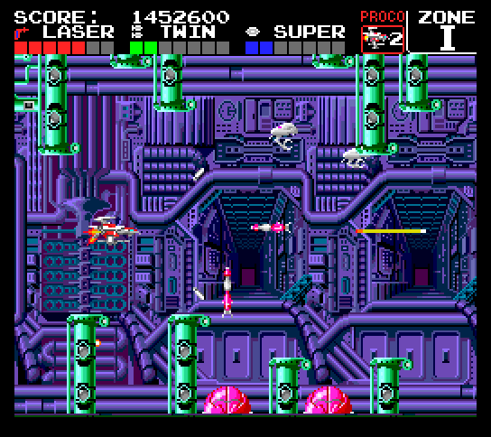 Darius+ TurboGrafx-16 / PC Engine Screenshot: The missiles here launch straight up but then turn towards the player suddenly.