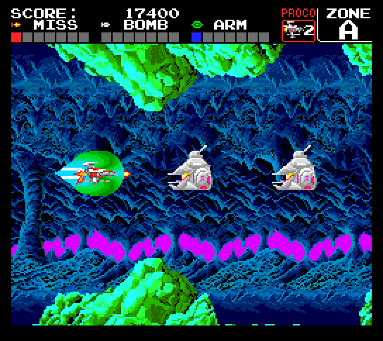 Darius+ TurboGrafx-16 / PC Engine Screenshot: Blasting some tough enemies...