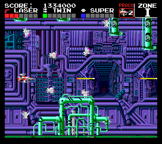 Darius+ TurboGrafx-16 / PC Engine Screenshot: An enemy formation appears in zone "I".