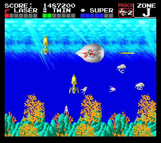 Darius+ TurboGrafx-16 / PC Engine Screenshot: Missiles launch from out of nowhere in zone "J".