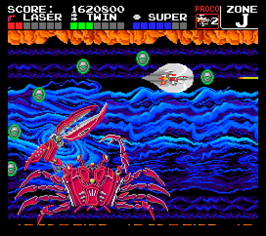 Darius+ TurboGrafx-16 / PC Engine Screenshot: Red Crab will sometimes rush towards the left of the screen.