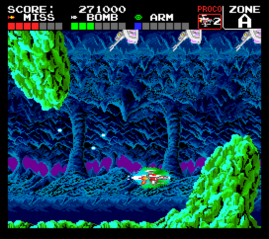 Darius+ TurboGrafx-16 / PC Engine Screenshot: The PC Engine version scrolls vertically slightly as well as horizontally.