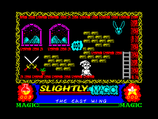Slightly Magic ZX Spectrum Screenshot: Looking for a way to reach the ladder...
