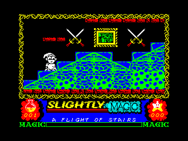 Slightly Magic ZX Spectrum Screenshot: Jumping up some stairs...