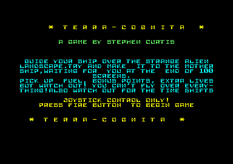 Terra Cognita Amstrad CPC Screenshot: Main menu / instructions.