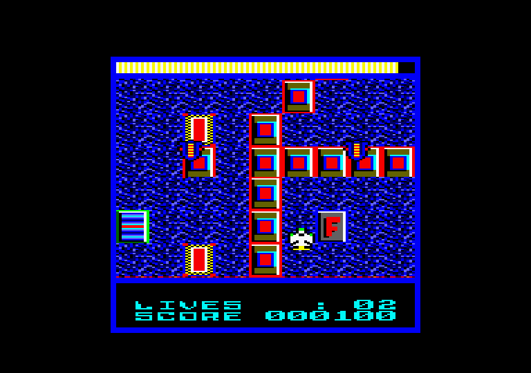 Terra Cognita Amstrad CPC Screenshot: Fly over the "F" tile to replenish fuel.