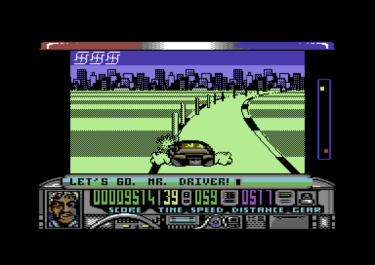 Chase H.Q. Commodore 64 Screenshot: Crashing into posts will slow you down.