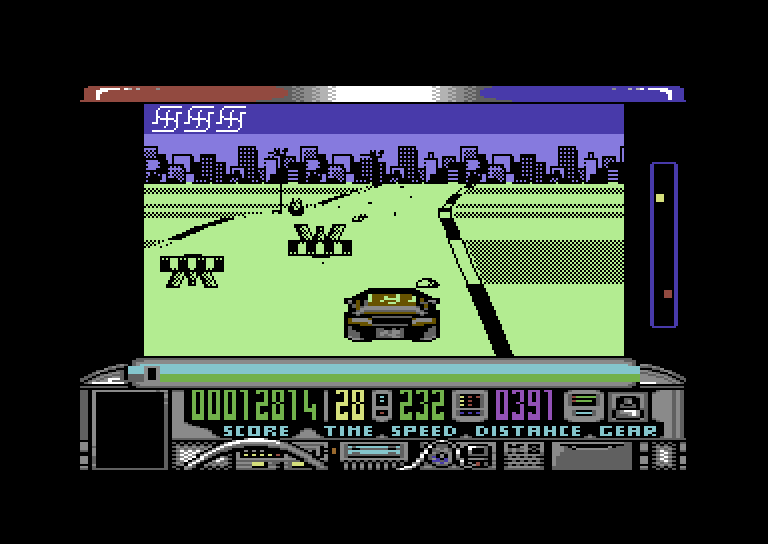 Chase H.Q. Commodore 64 Screenshot: Obstacles in the road slow you down as well...