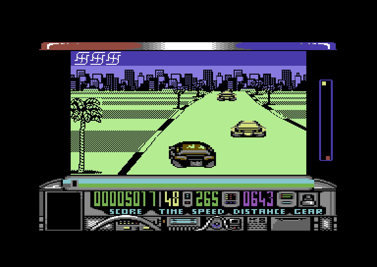 Chase H.Q. Commodore 64 Screenshot: Hitting cars will slow you down costing precious time.