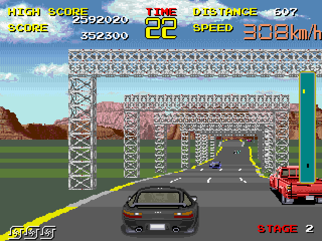 Chase H.Q. Arcade Screenshot: Don't drive off the road or crashing into these poles will bring you to a stop.