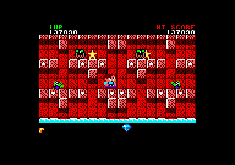 Rainbow Islands Amstrad CPC Screenshot: Avoid all the tanks driving around...