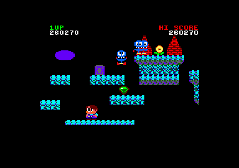 Rainbow Islands Amstrad CPC Screenshot: There's more enemies and fewer platforms as the game progresses.