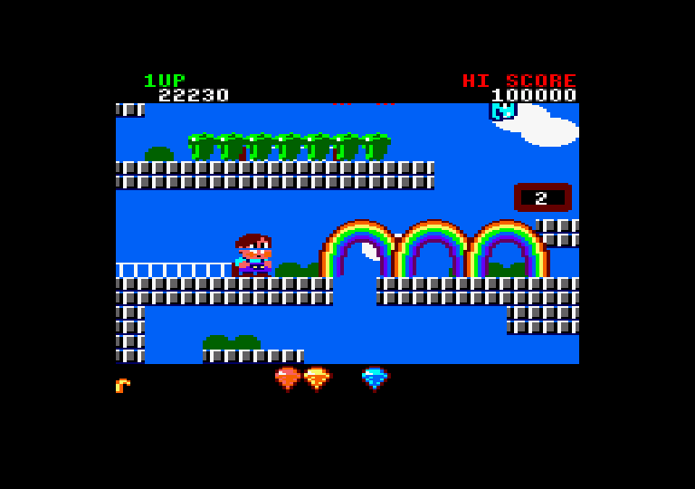Rainbow Islands Amstrad CPC Screenshot: You can make multiple rainbows with a power-up!