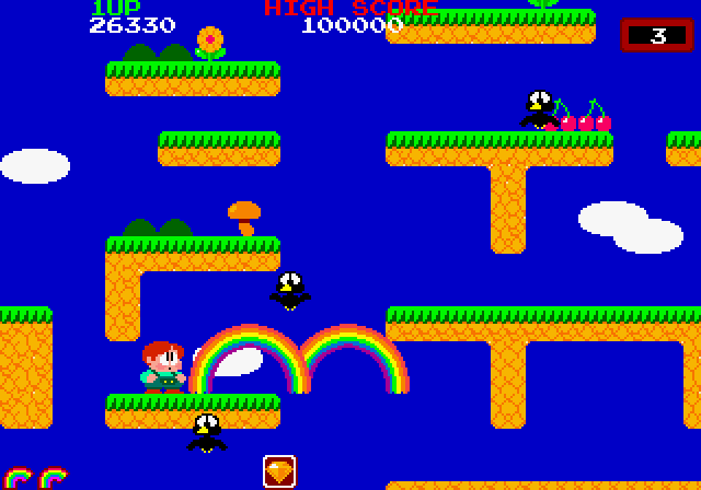 Rainbow Islands Arcade Screenshot: Use rainbows to aid in jumping and climbing to the top!