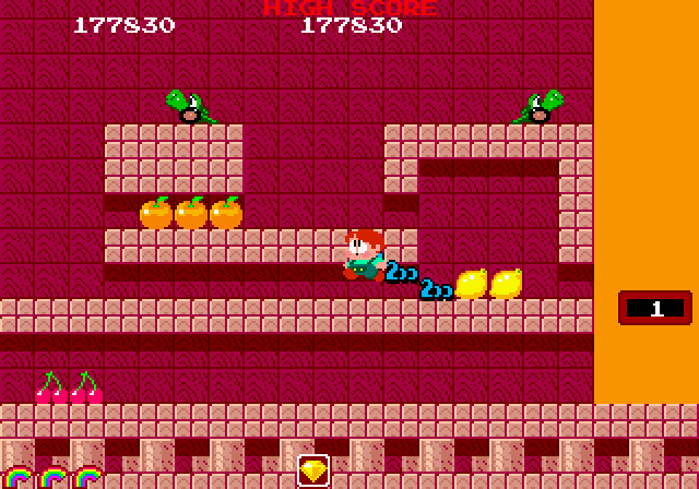 Rainbow Islands Arcade Screenshot: Making my way upwards...