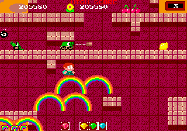 Rainbow Islands Arcade Screenshot: When you can't jump high enough, rainbows can help!