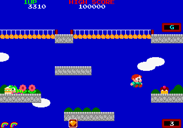 Rainbow Islands Arcade Screenshot: Jumping my way up some platforms...