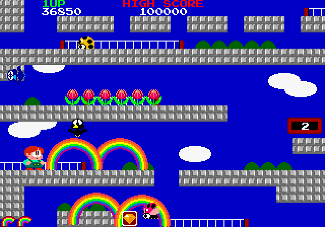 Rainbow Islands Arcade Screenshot: There are lots of platforms you'll need to contend with...