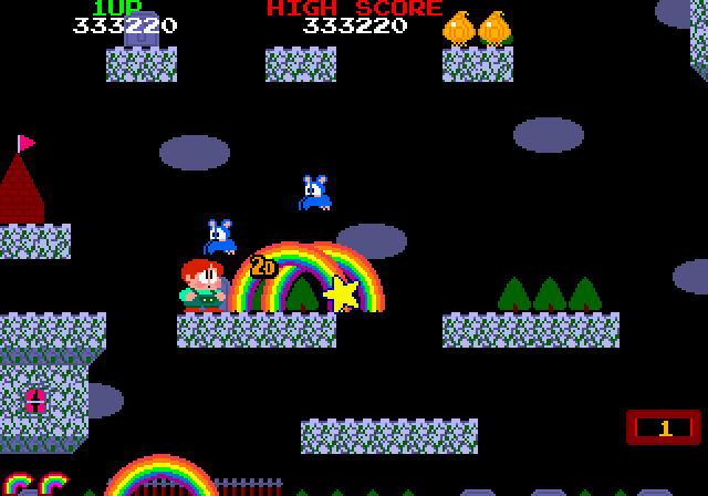 Rainbow Islands Arcade Screenshot: Points earned for using rainbows to defeat enemies!