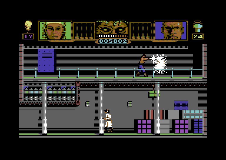Hammerfist Commodore 64 Screenshot: Fighting robots; one destroyed, more to go!