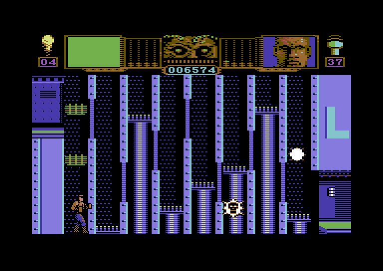 Hammerfist Commodore 64 Screenshot: Don't get crushed by things falling from above!