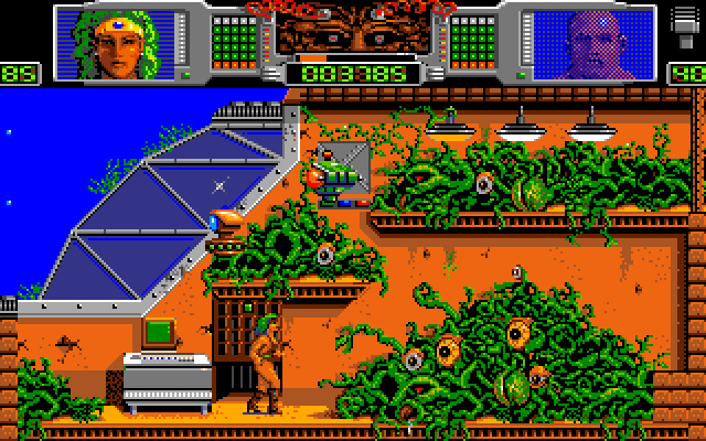 Hammerfist Amiga Screenshot: You'll need to destroy this blob-like creature before moving on.