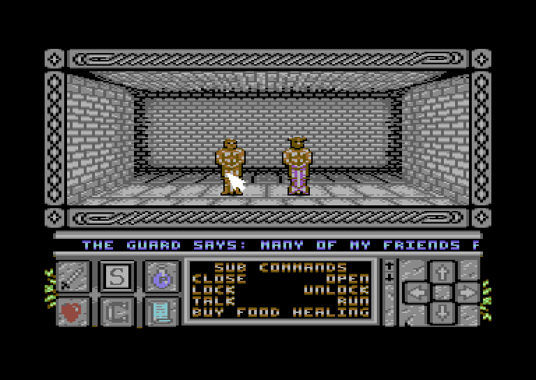 Death Bringer Commodore 64 Screenshot: A dead end, but let's see what these guards have to say.