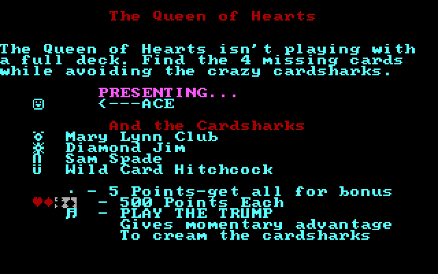 Queen of Hearts Maze Game, The IBM PC/Compatibles Screenshot: Title and game instructions.