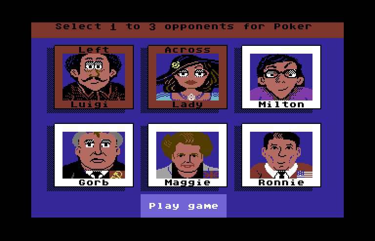 Card Sharks Commodore 64 Screenshot: Choose some opponents, then begin!