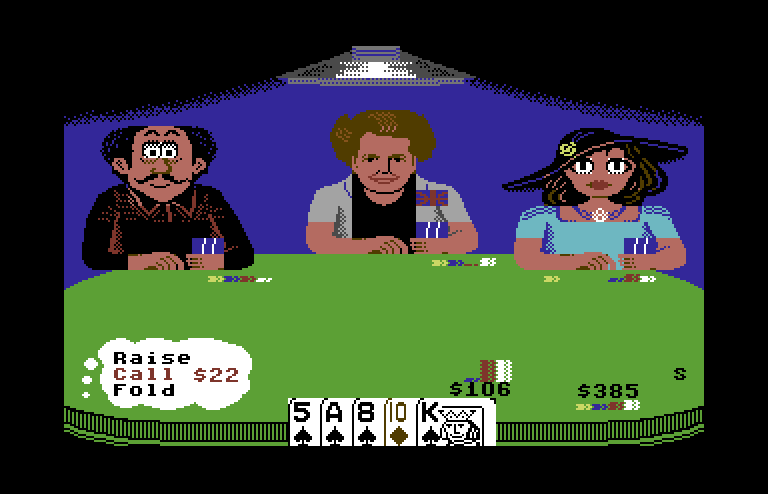 Card Sharks Commodore 64 Screenshot: Do you want to raise, call, or fold?