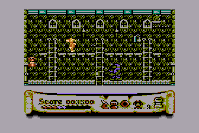 Black Lamp Atari 8-bit Screenshot: Climb up and down ladders to reach different areas and rooms.