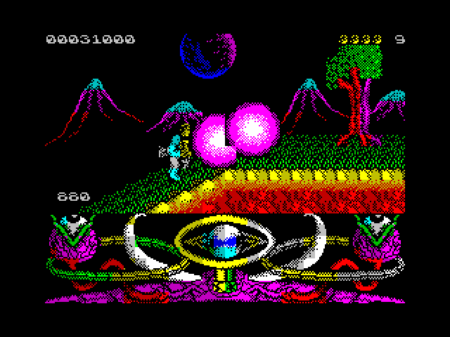 A.M.C.: Astro Marine Corps ZX Spectrum Screenshot: Blasting some opponents at close range!