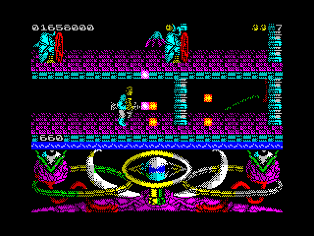 A.M.C.: Astro Marine Corps ZX Spectrum Screenshot: Blasting through another section of the game...
