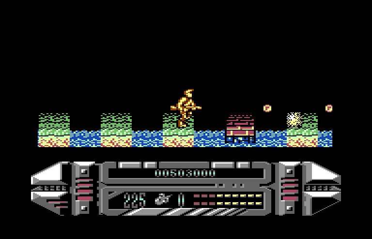 A.M.C.: Astro Marine Corps Commodore 64 Screenshot: Jumping from platform to platform.
