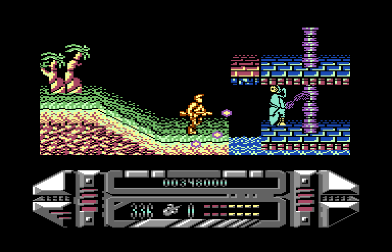 A.M.C.: Astro Marine Corps Commodore 64 Screenshot: Don't fall in the water here...