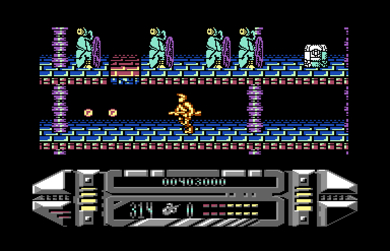 A.M.C.: Astro Marine Corps Commodore 64 Screenshot: A line of deadly creatures waiting for me on the upper floor.