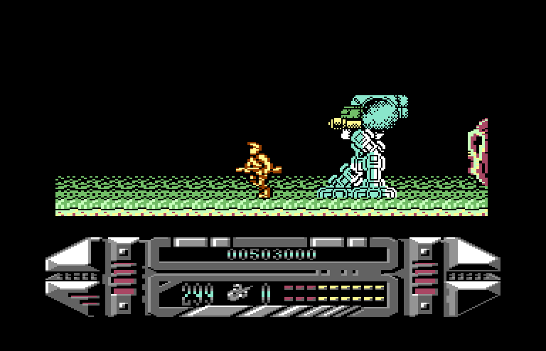 A.M.C.: Astro Marine Corps Commodore 64 Screenshot: This opponent is huge! Run away!