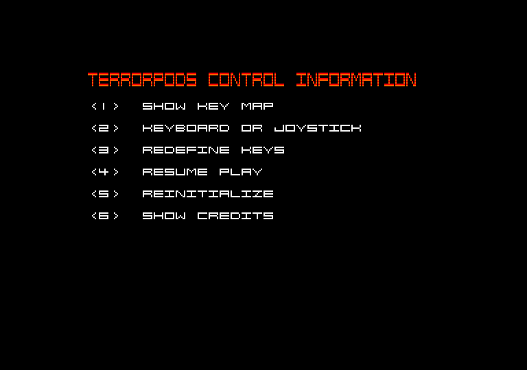 Terrorpods Amstrad CPC Screenshot: Game menu and setup.