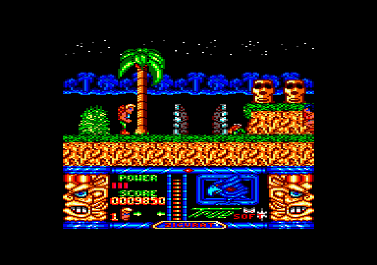 Jungle Warrior Amstrad CPC Screenshot: Those stone like structures are doors to another area...