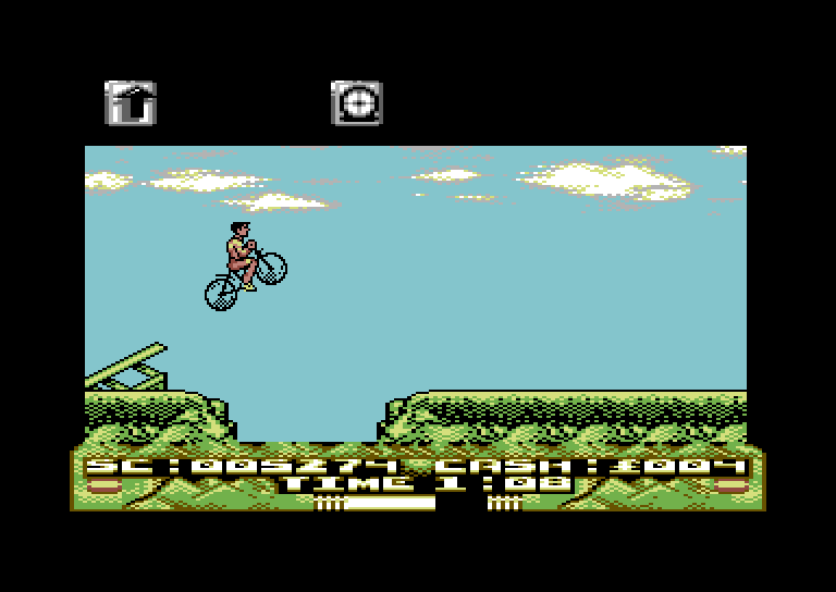 Mountain Bike Racer Commodore 64 Screenshot: Jumping over a gap.