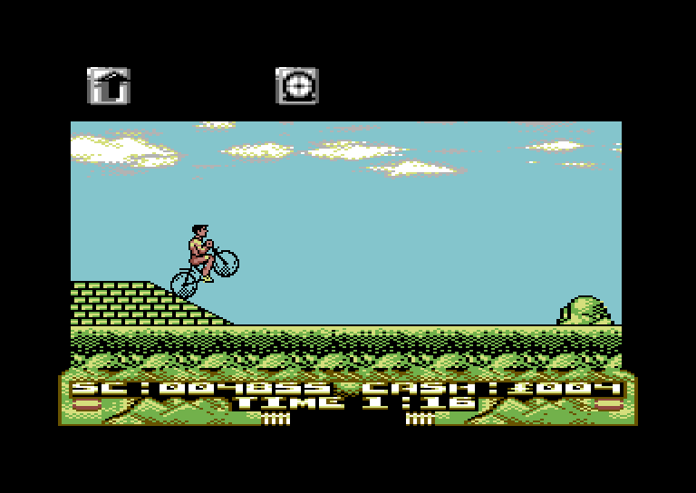 Mountain Bike Racer Commodore 64 Screenshot: Bicylcing down a hill...