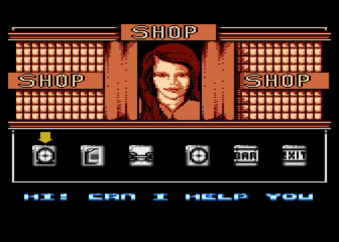 Mountain Bike Racer Atari 8-bit Screenshot: Visit the shop to buy some items.