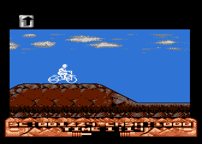 Mountain Bike Racer Atari 8-bit Screenshot: Slow down before reaching the end of the large hills.