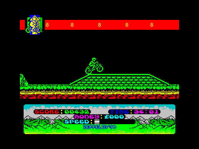 Mountain Bike Racer ZX Spectrum Screenshot: Riding over a brick terrace.