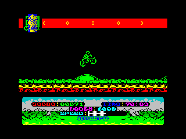 Mountain Bike Racer ZX Spectrum Screenshot: Jumping over a small hill.