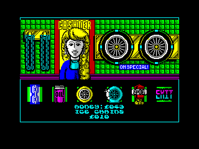 Mountain Bike Racer ZX Spectrum Screenshot: Buy items in the shop to improve your bike.
