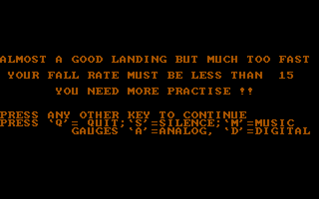 Rocket Lander IBM PC/Compatibles Screenshot: Almost a good landing, but too fast!