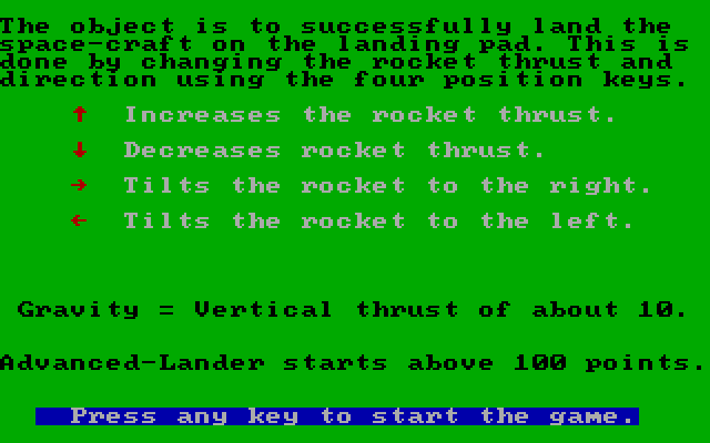Rocket Lander IBM PC/Compatibles Screenshot: Game instructions.