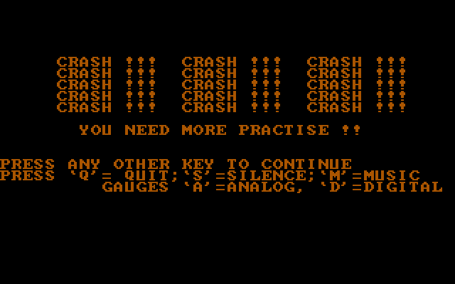 Rocket Lander IBM PC/Compatibles Screenshot: Crash! Crash! Crash! Game over...